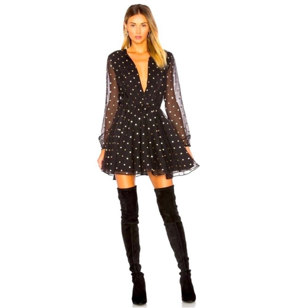 NWT Lovers + Friends Black Mini Dress with Gold Polka Dots Chest and Back slit L
